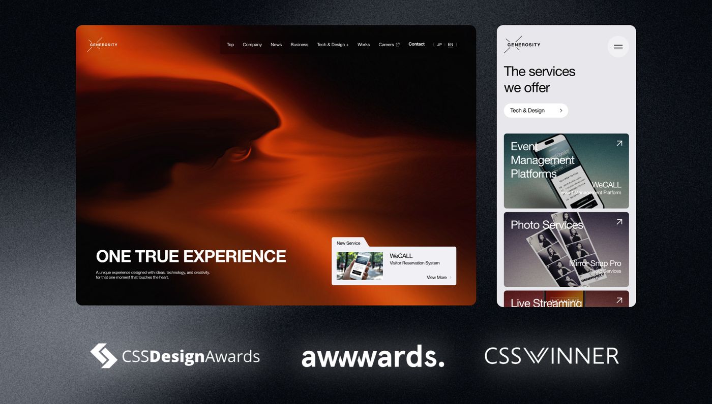 GENEROSITYが2年連続で世界的なWEBアワード 『CSS Design Award』 『Awwwards』 『CSS Winner』 において複数の部門賞を受賞